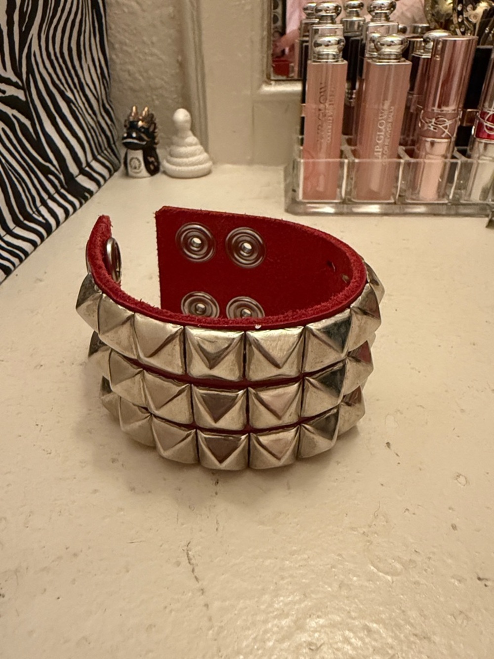 Red Pyramid Stud Wide Cuff Bracelet